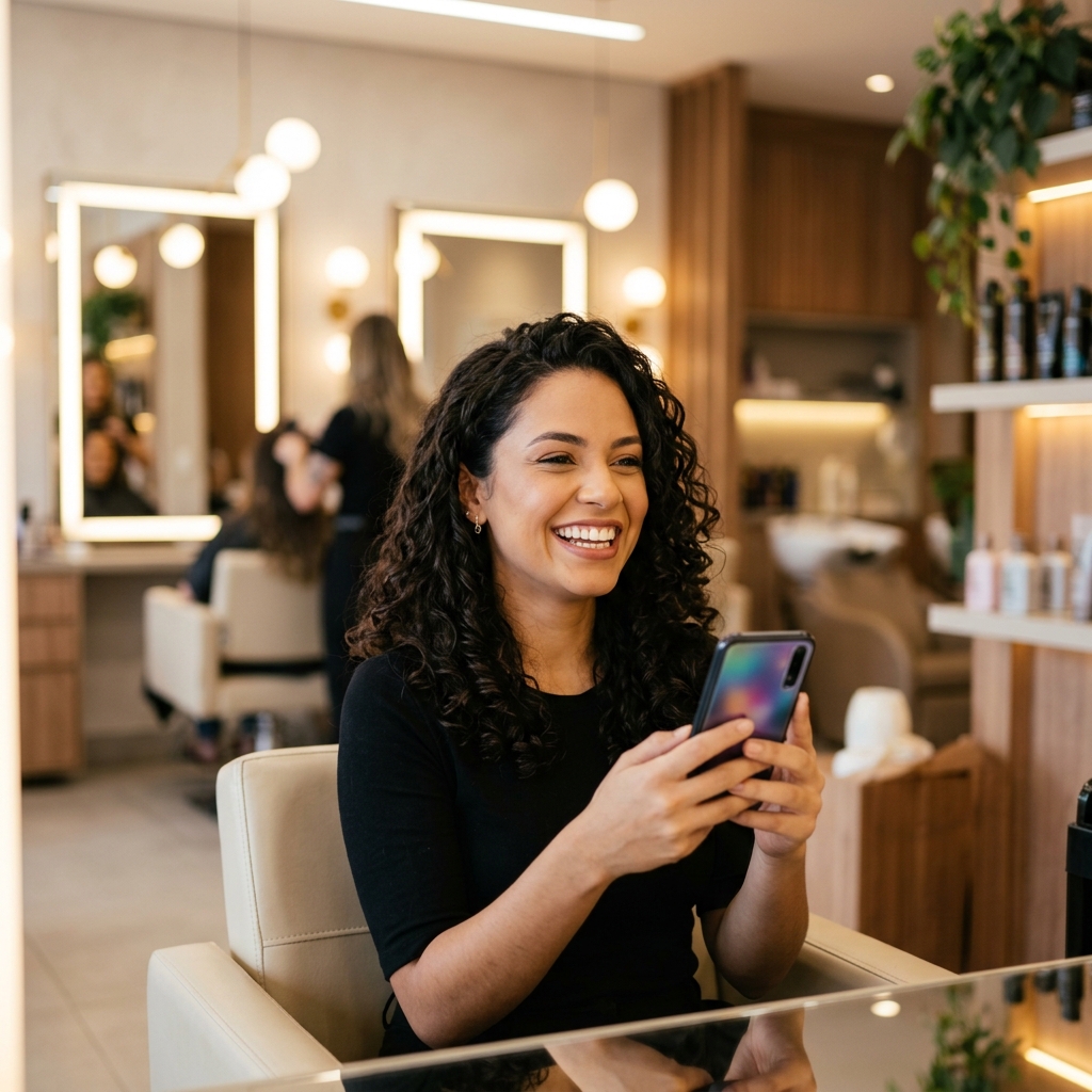Cliente satisfeita agendando online no salão de beleza pelo celular